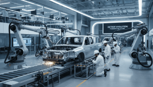 Assembly line workers overseeing electric truck manufacturing at a Detroit facility