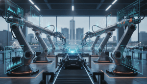 Automated robotic arms operating in one of the new smart factories in Detroit