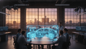 Engineers collaborating on an electric vehicle design representing the future of Detroit automotive engineering