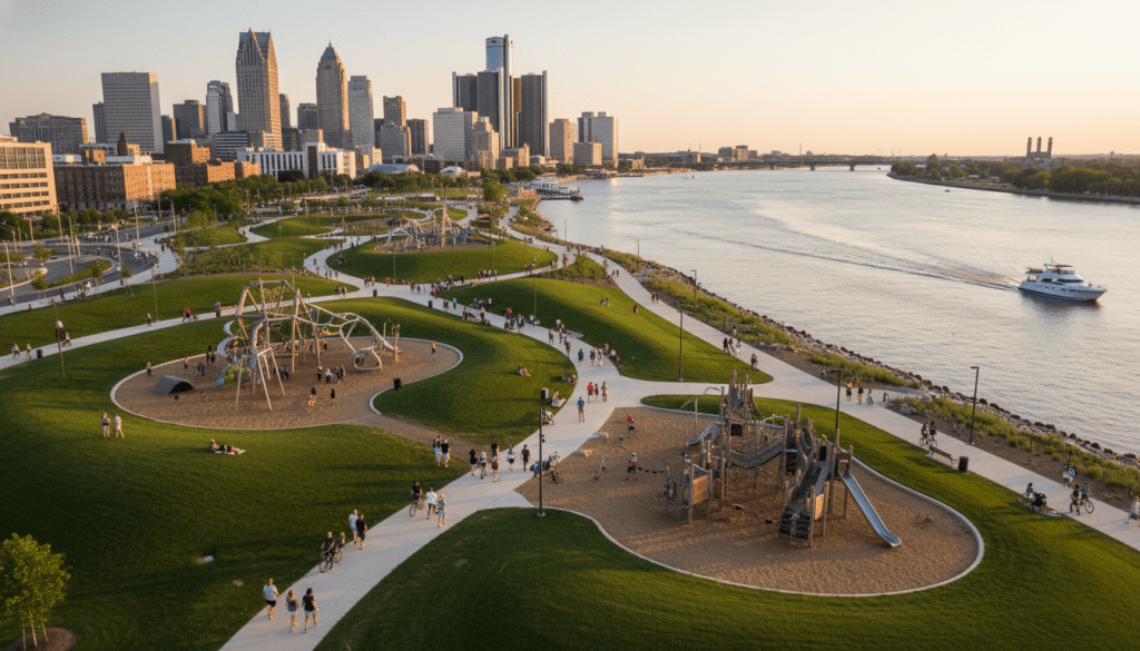 Aerial view of the Detroit Riverfront development featuring the Ralph C. Wilson Jr. Centennial Park and city skyline