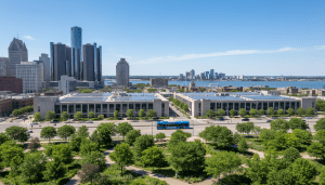 Detroit sustainability initiatives showing solar panels and green spaces near the city skyline