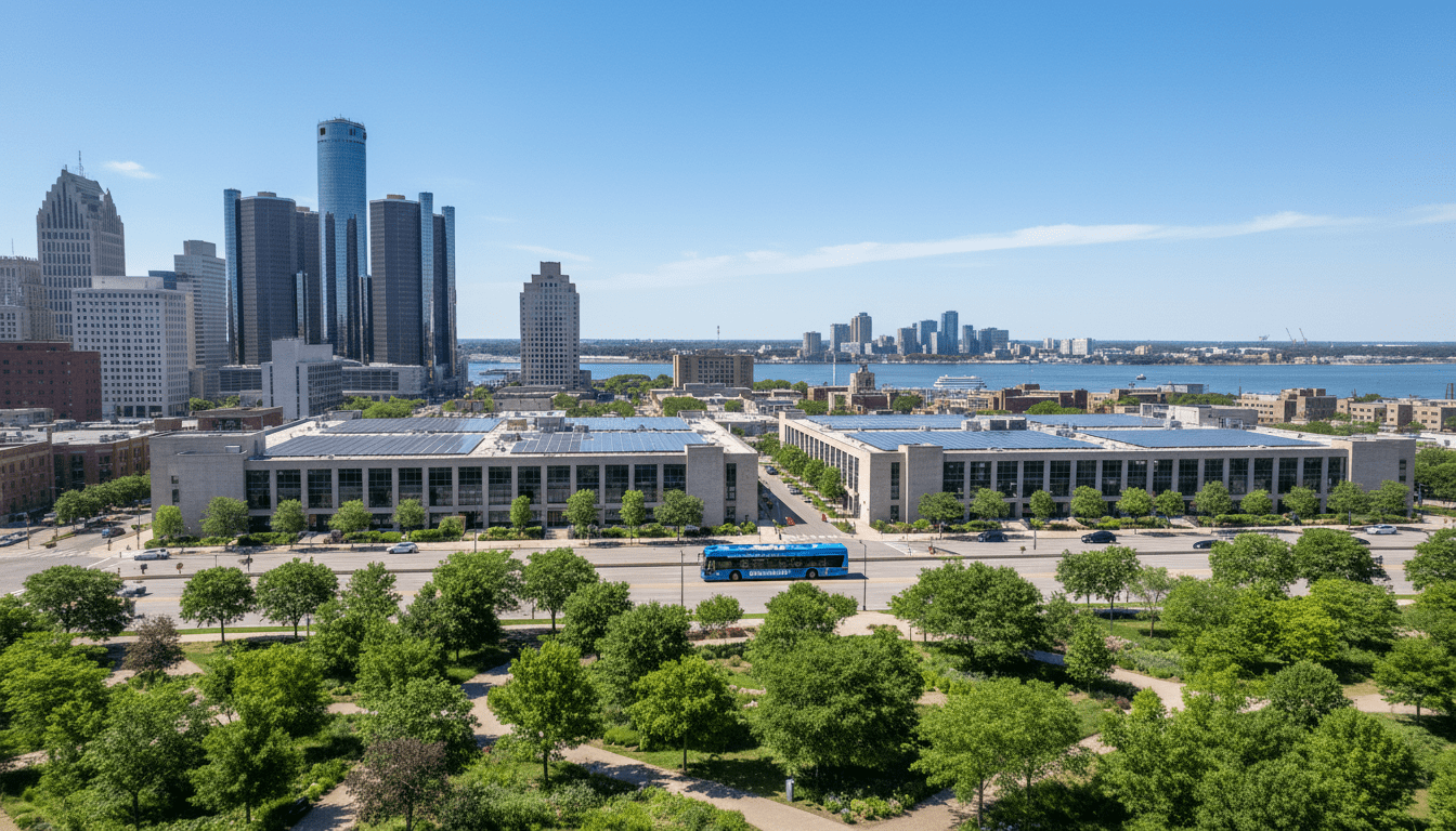 Detroit sustainability initiatives showing solar panels and green spaces near the city skyline