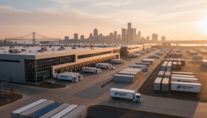 Modern Detroit supply chain logistics center with trucks and city skyline