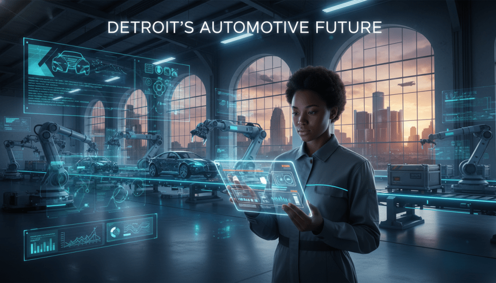 Warehouse worker analyzing Detroit digital supply chain data on a tablet in a modern factory