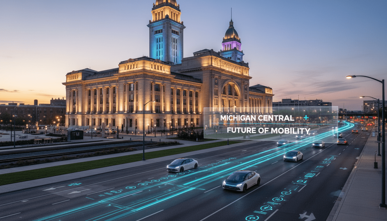 Illuminated Michigan Central Station at twilight representing the growing Detroit tech hub and mobility innovation