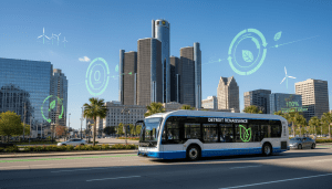 Electric bus driving in downtown area illustrating Detroit green transportation initiatives