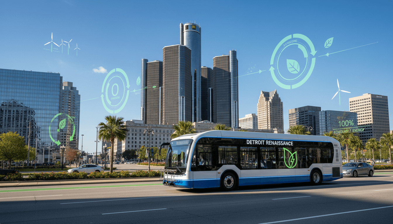 Electric bus driving in downtown area illustrating Detroit green transportation initiatives