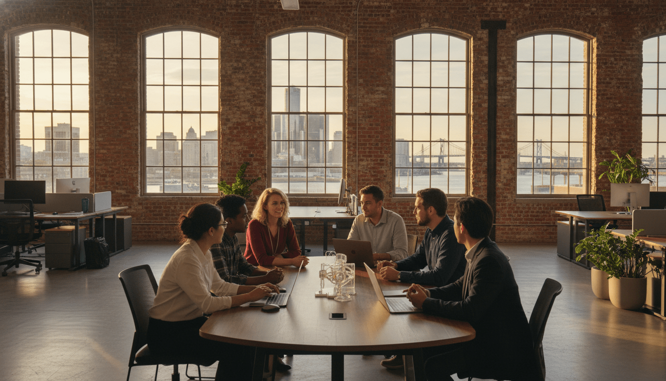 Interior of a modern collaborative workspace representing Detroit tech incubators in a renovated industrial building