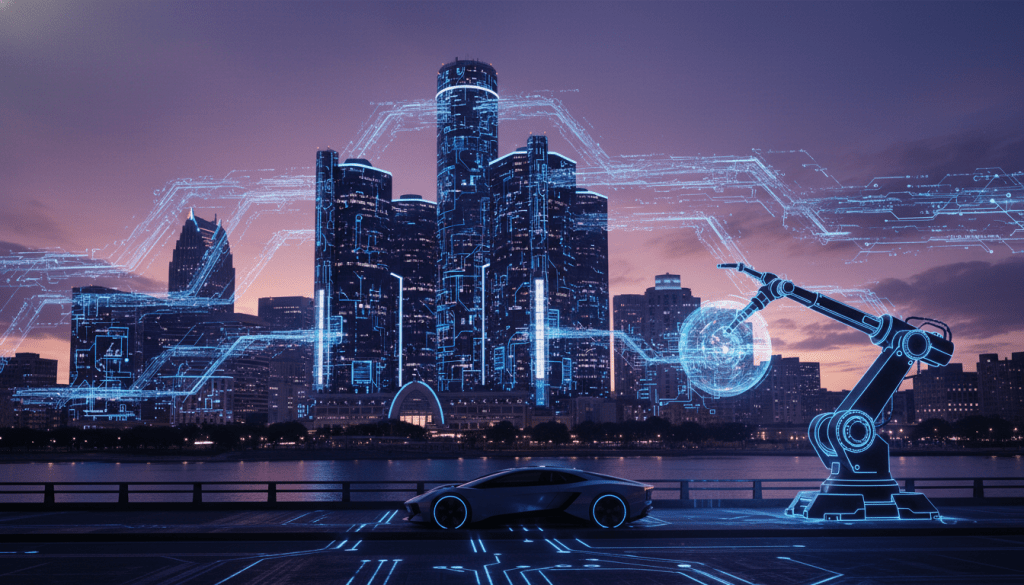Detroit skyline digital visualization representing Detroit AI innovation and smart manufacturing