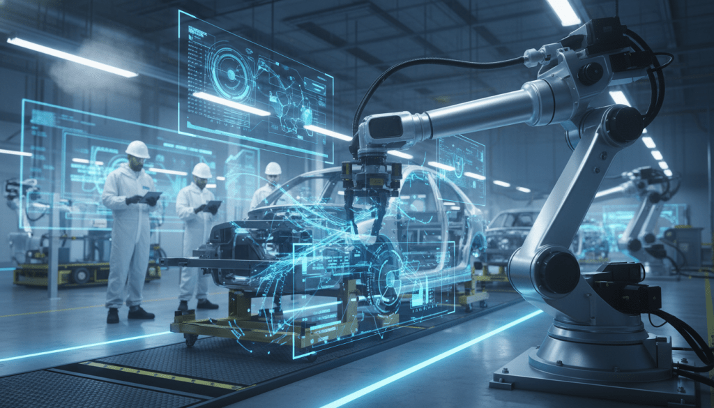 Detroit cyber-physical systems represented by a robotic arm with digital data overlays in a manufacturing plant