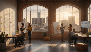 A diverse group of Detroit entrepreneurs collaborating in a modern workspace overlooking the city skyline