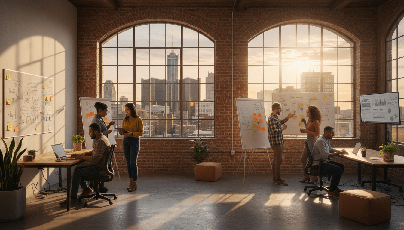 A diverse group of Detroit entrepreneurs collaborating in a modern workspace overlooking the city skyline