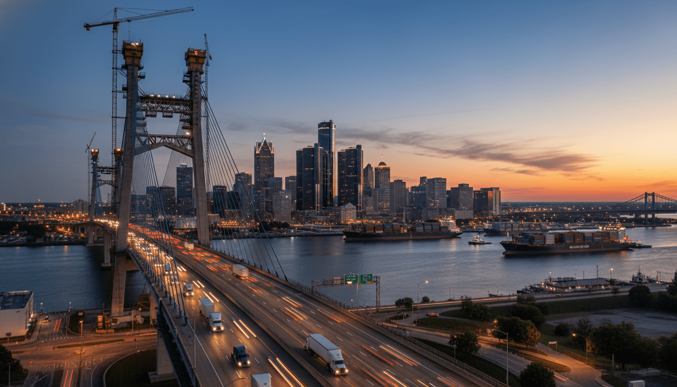 Detroit logistics industry infrastructure featuring the Gordie Howe International Bridge and freight trucks