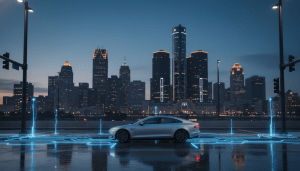 Autonomous vehicle driving in Detroit illustrating AI in mobility technology