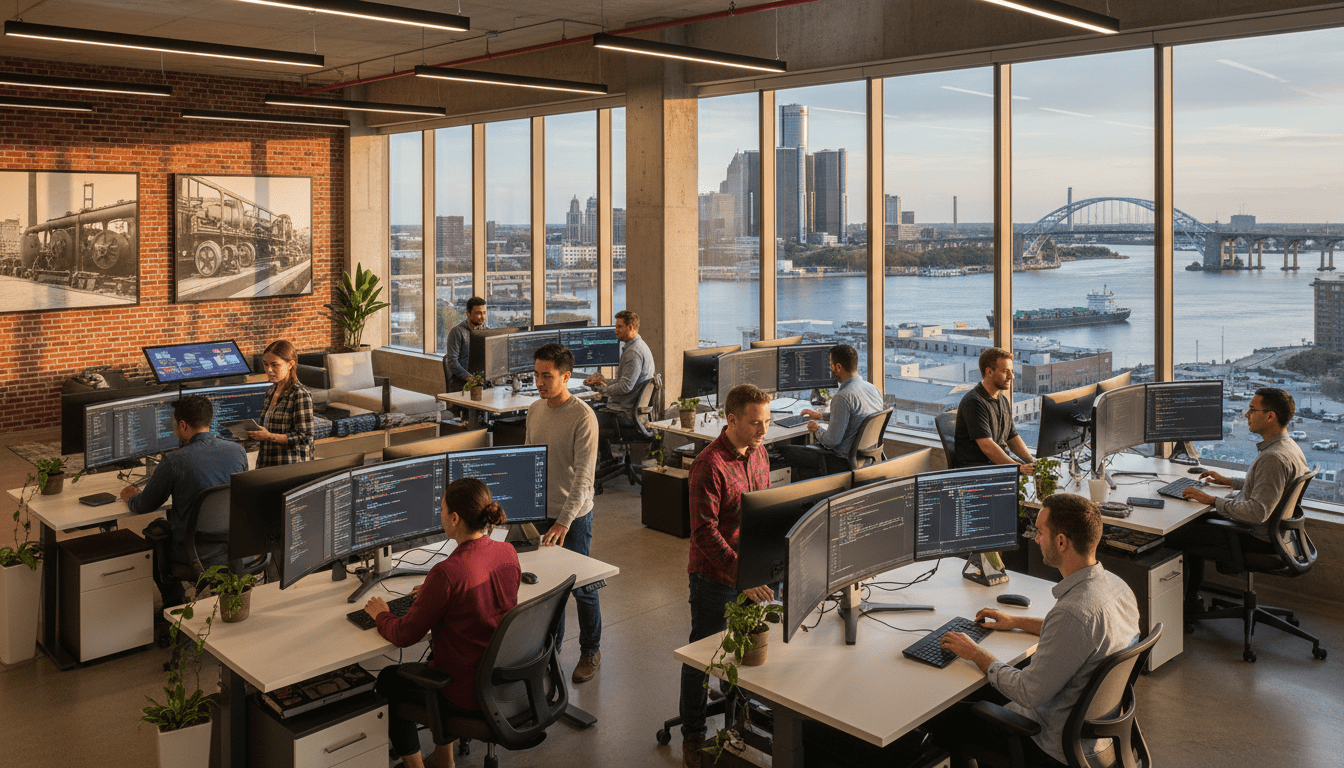 Software developers collaborating in a modern office representing the growing Detroit tech sector
