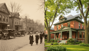 Collage showing the history of Detroit neighborhoods with vintage 1920s street and modern restored home