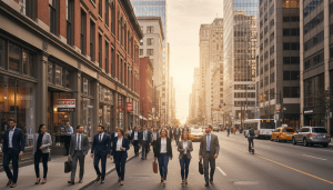 Detroit business resurgence shown through a busy downtown street with new shops and modern offices