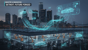 A worker in a Detroit factory using a tablet to monitor automated robotics, illustrating digital transformation in Michigan.