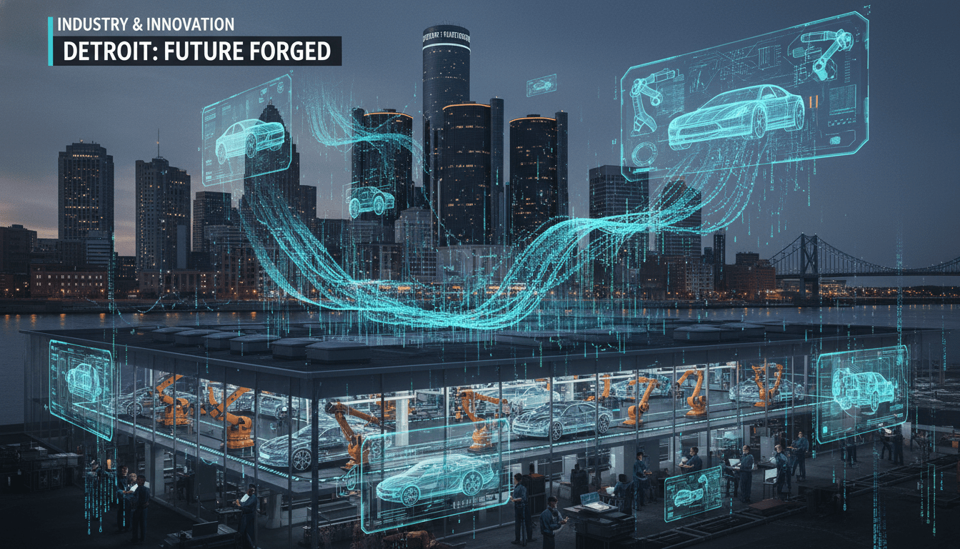 A worker in a Detroit factory using a tablet to monitor automated robotics, illustrating digital transformation in Michigan.