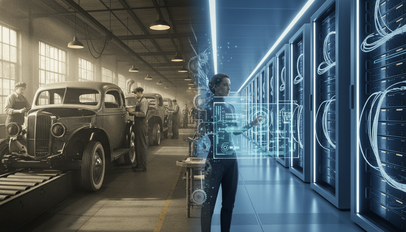 A visualization of digital transformation in Michigan showing the transition from industrial gears to digital networks.