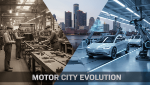 Vintage assembly line workers contrasting with modern EV manufacturing illustrating Detroit automotive history