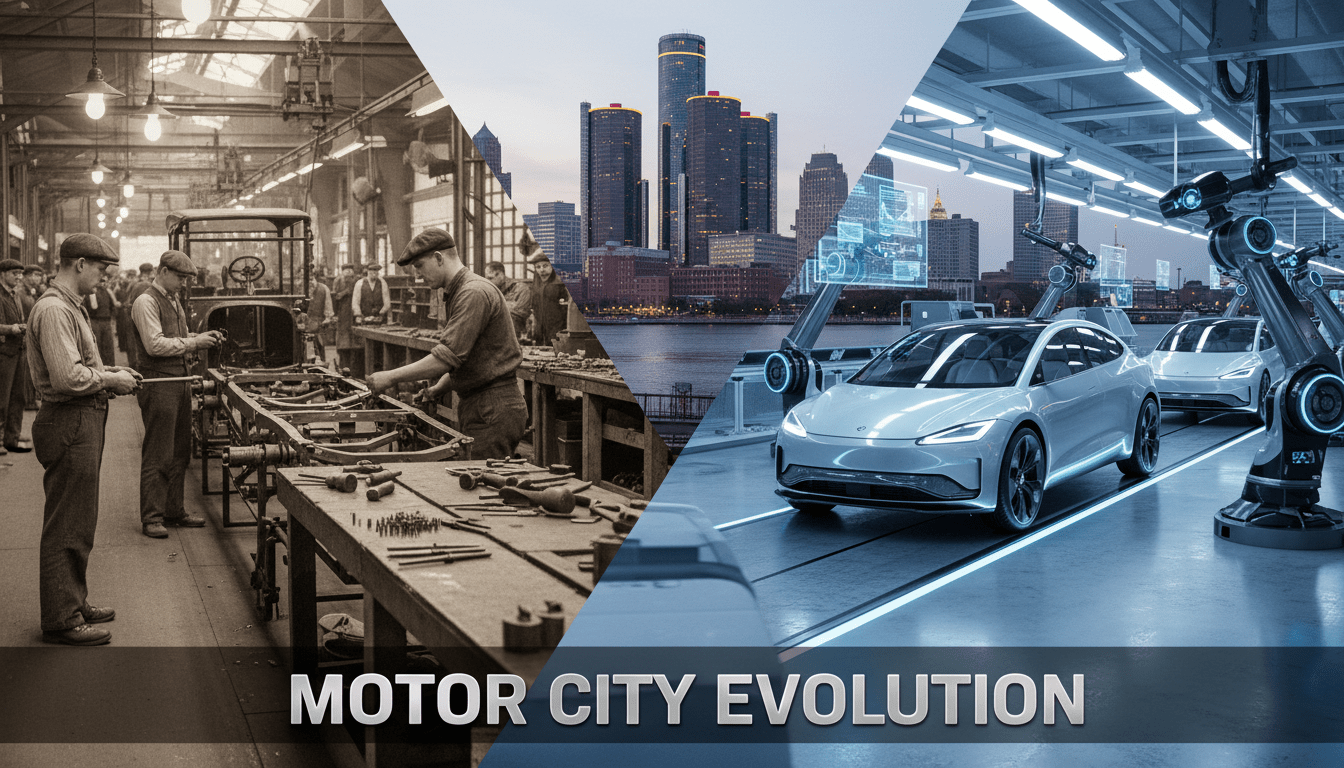 Vintage assembly line workers contrasting with modern EV manufacturing illustrating Detroit automotive history