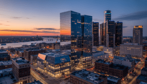 Construction of new Detroit corporate headquarters at the Hudson's site contrasting with the skyline