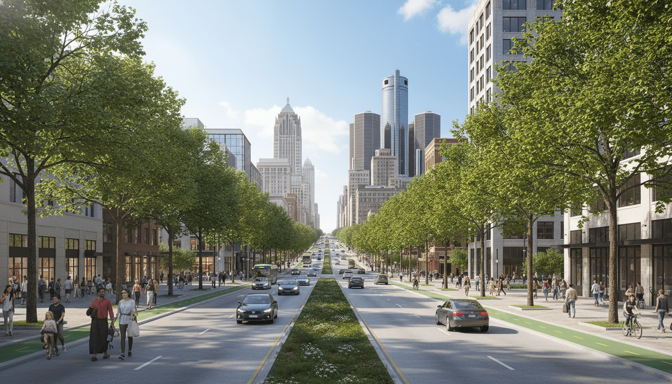 Rendering of the I-375 project Detroit showing the new boulevard design