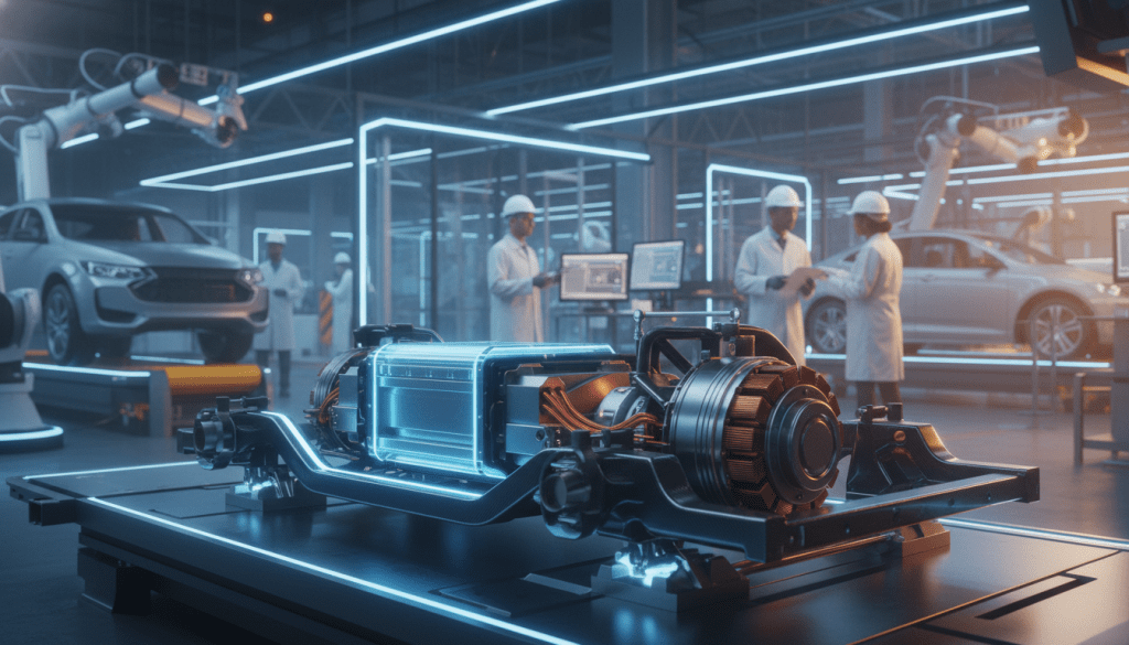 Engineers inspecting electric drivetrain technology components at a high-tech Detroit manufacturing plant
