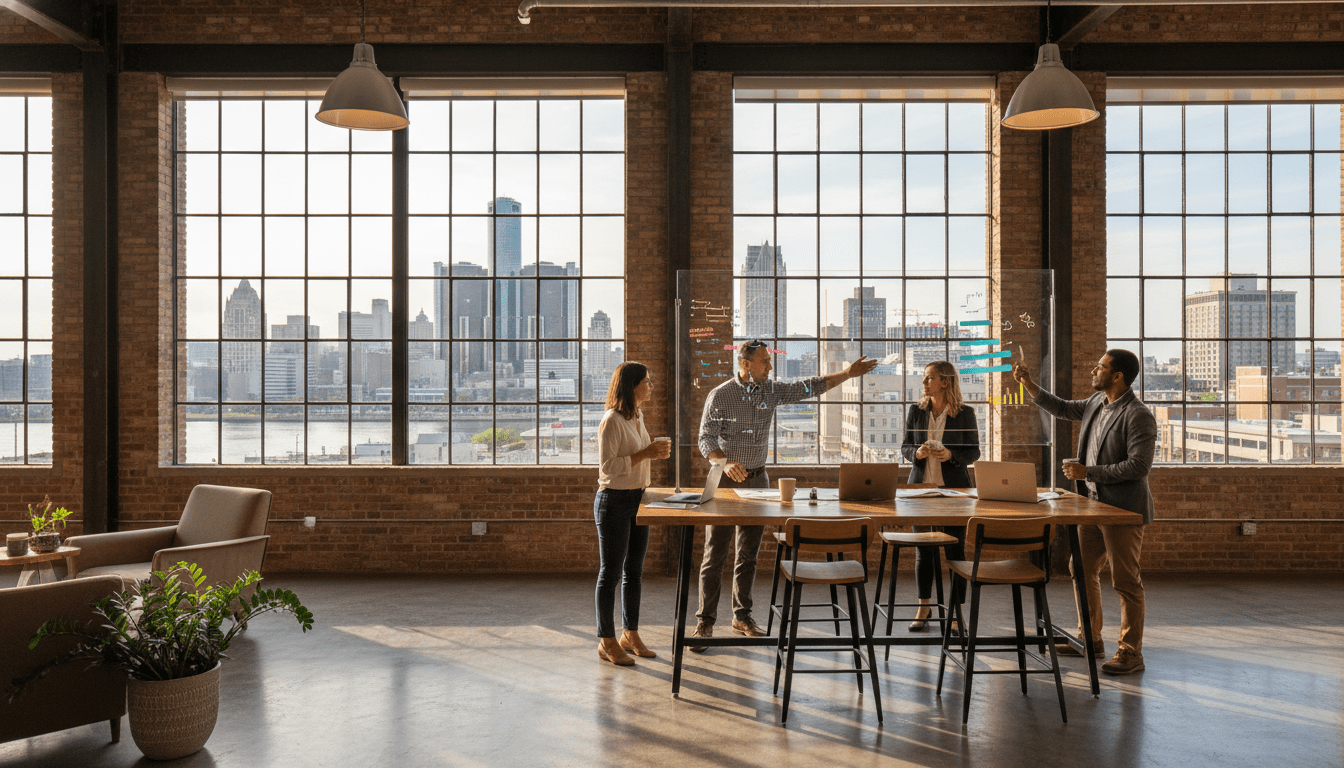 Professionals discussing Detroit startup funding strategies in a modern innovation hub office