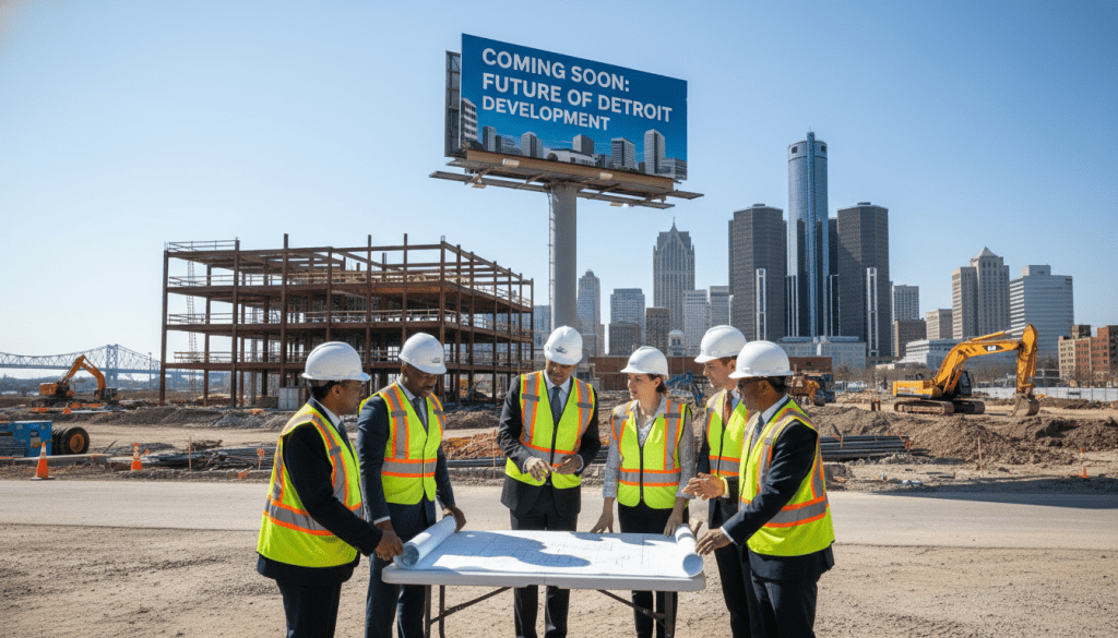 Construction site demonstrating Detroit public-private partnerships with skyline in background