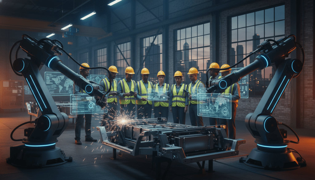 Detroit smart manufacturing facility featuring automated robotic arms assembling vehicle parts