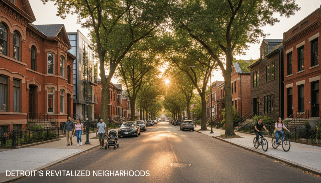 A scenic view of a residential street representing the best neighborhoods in Detroit with historic homes and green spaces