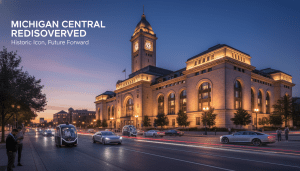 Restored Michigan Central Station at night representing the new Detroit mobility hub