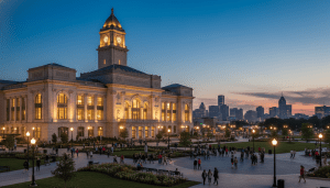 Restored exterior of Michigan Central Station in Detroit illuminated at night