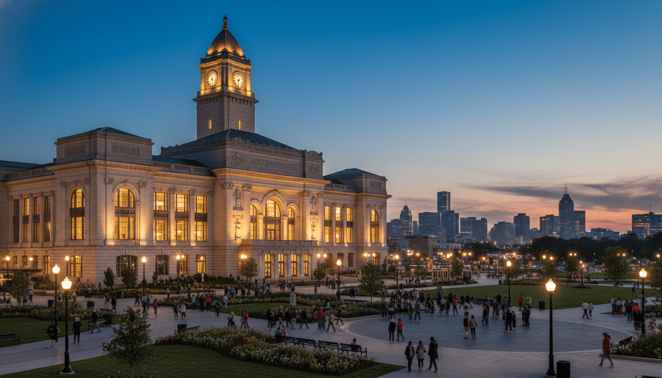 Restored exterior of Michigan Central Station in Detroit illuminated at night