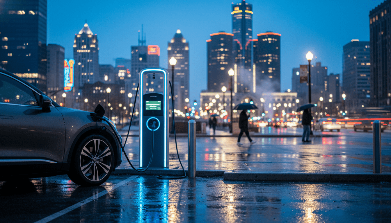 A modern electric car plugged into a public Detroit EV infrastructure charging station at night