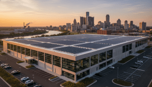 Detroit clean energy manufacturing facility with solar panels on the roof
