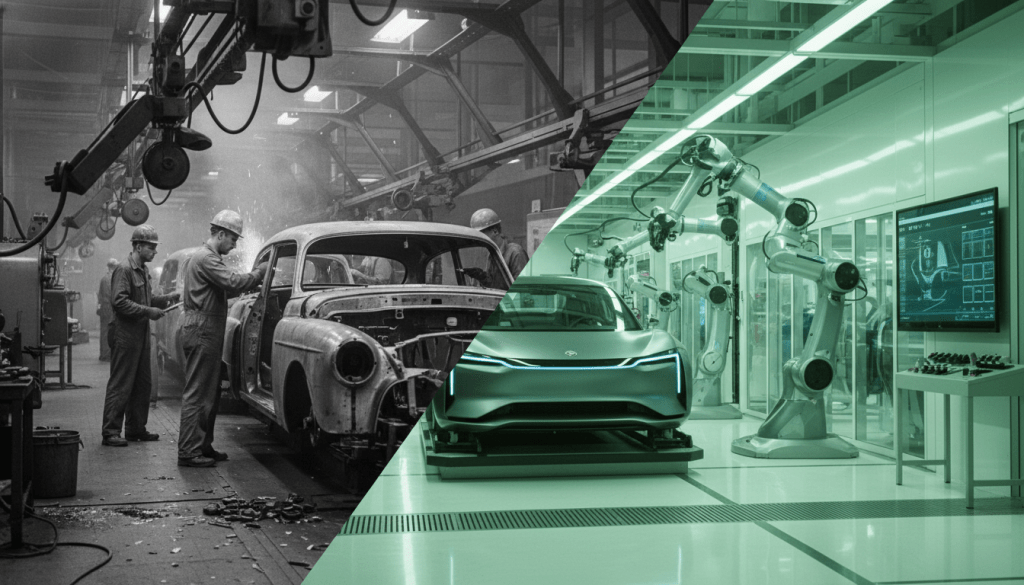 A contrast between historic car manufacturing and modern EV production symbolizing the evolving Motor City legacy