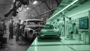 A contrast between historic car manufacturing and modern EV production symbolizing the evolving Motor City legacy