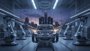 Robotic arms assembling an electric vehicle in a Detroit next-gen auto manufacturing facility