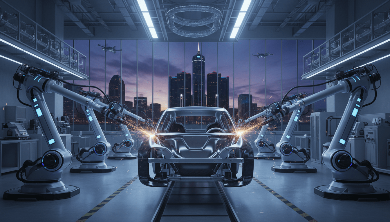 Robotic arms assembling an electric vehicle in a Detroit next-gen auto manufacturing facility
