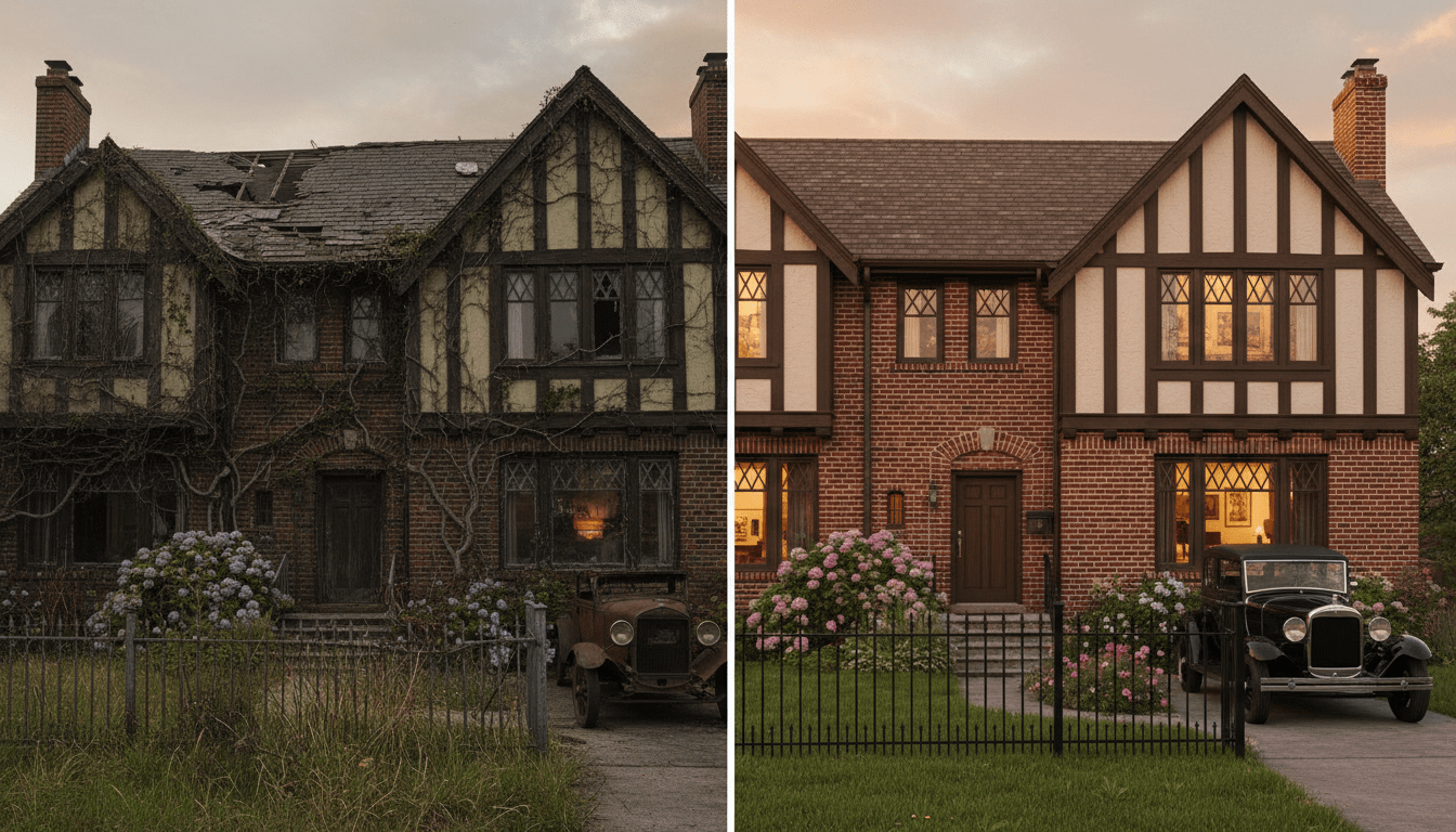 Split image showing a before and after comparison of renovating historic Detroit homes in the Tudor style