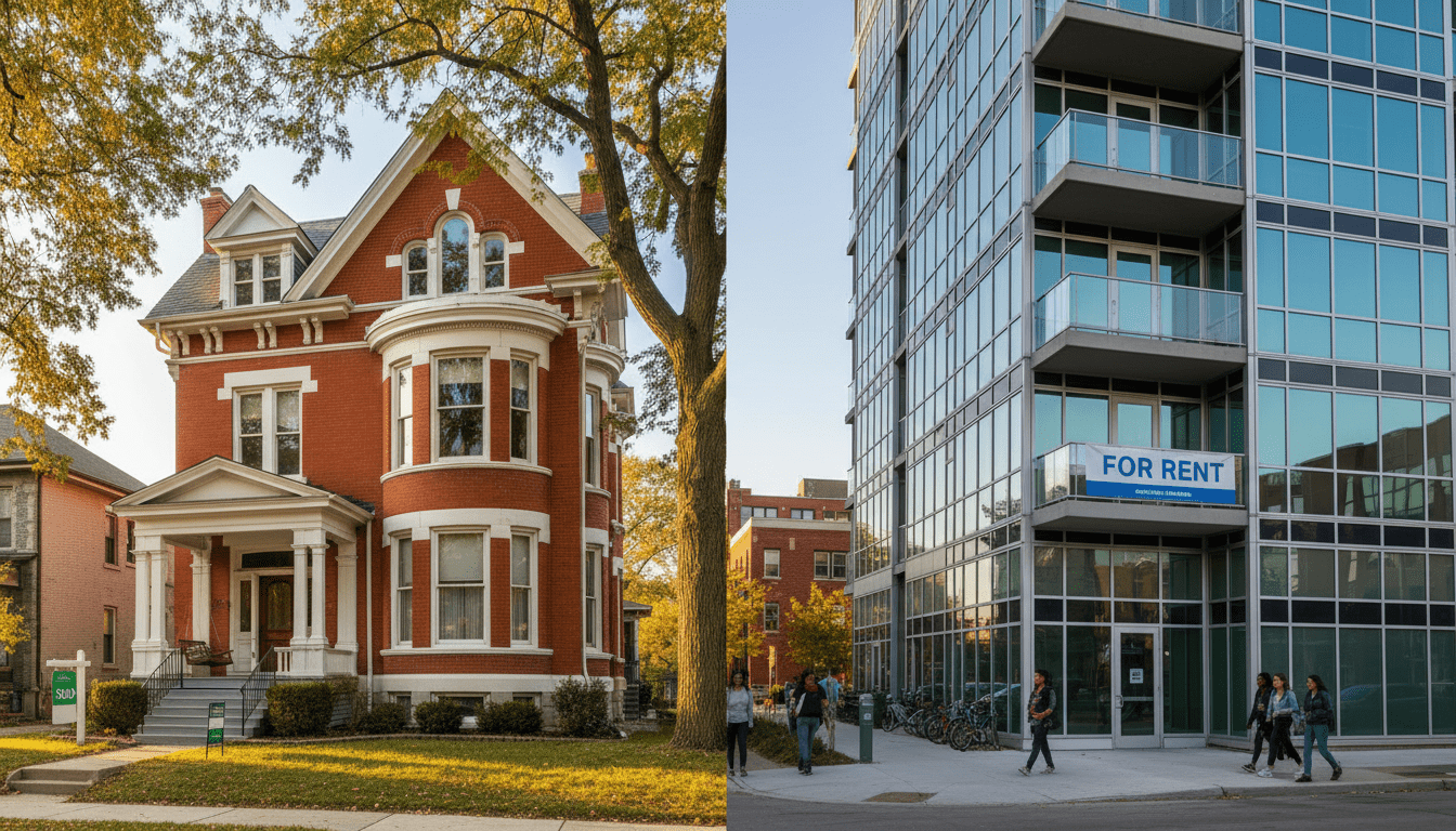 Split image showing a historic home and modern apartment representing the rent vs buy Detroit debate