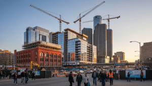 Construction cranes over a mixed-use Michigan commercial development site in downtown Detroit