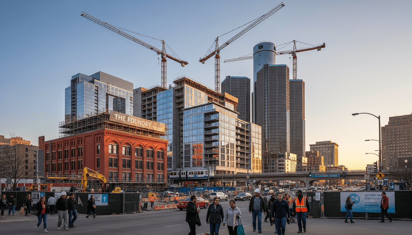 Construction cranes over a mixed-use Michigan commercial development site in downtown Detroit