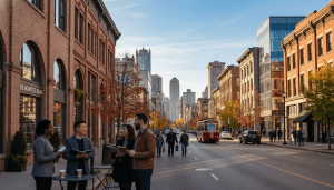 Two business owners shaking hands on a busy street illustrating the improving Detroit business climate