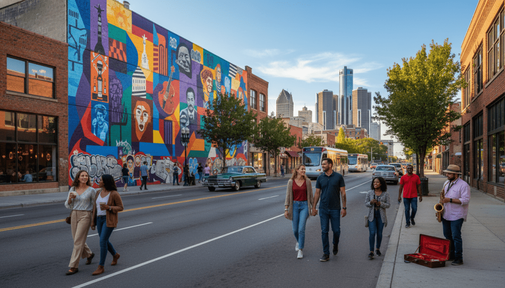 A colorful mural on a building representing the vibrant Detroit art scene with the city skyline in the background