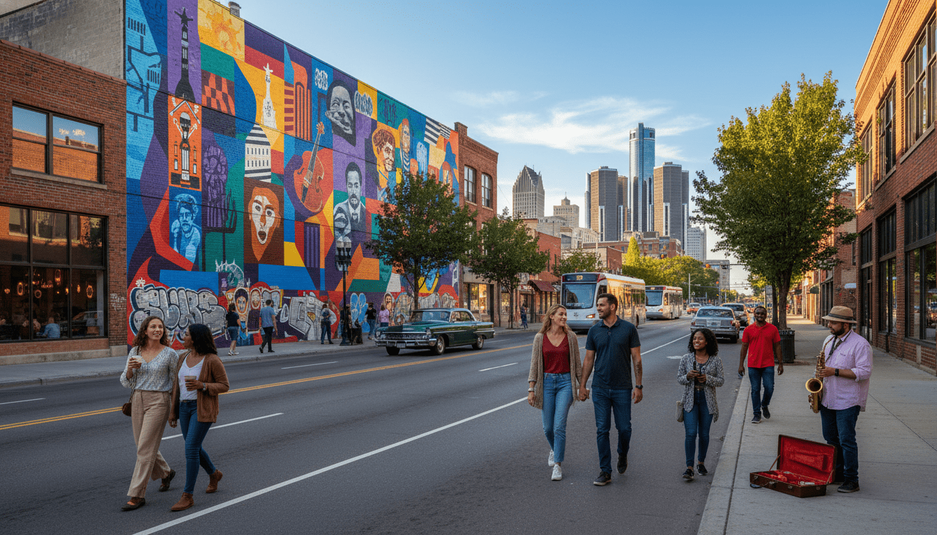 A colorful mural on a building representing the vibrant Detroit art scene with the city skyline in the background