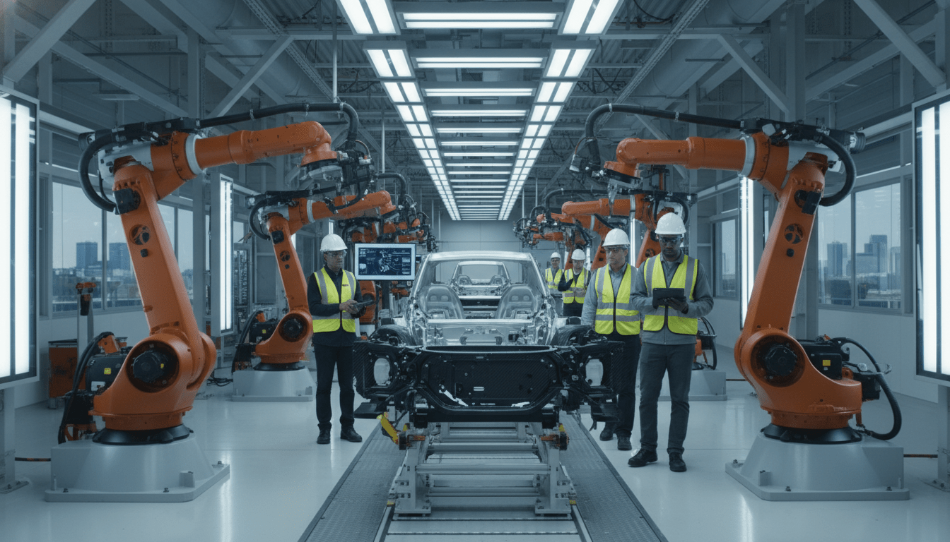 Detroit manufacturing modernization assembly line with robotic arms building electric vehicles